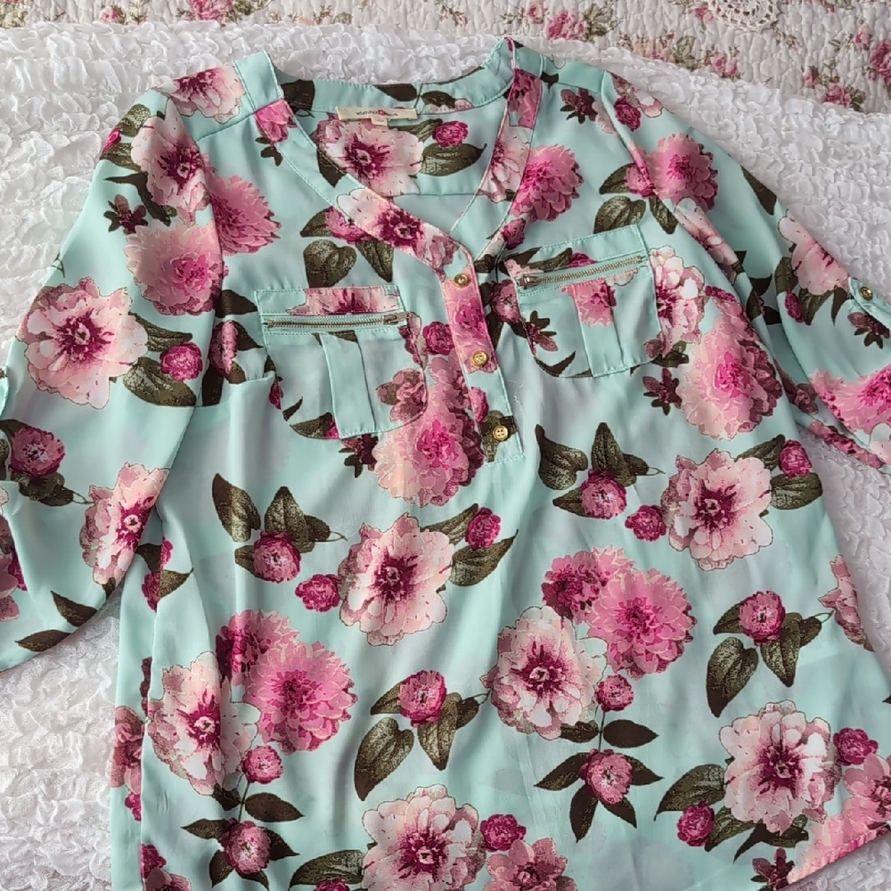 Wishful Park Pink and Green Floral Blouse